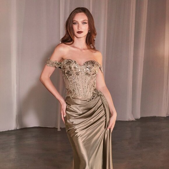 NEW OFF THE SHOULDER SATIN DRESS W/ SEQUINS EMBROIDERY & SWEETHEART NECK CD803